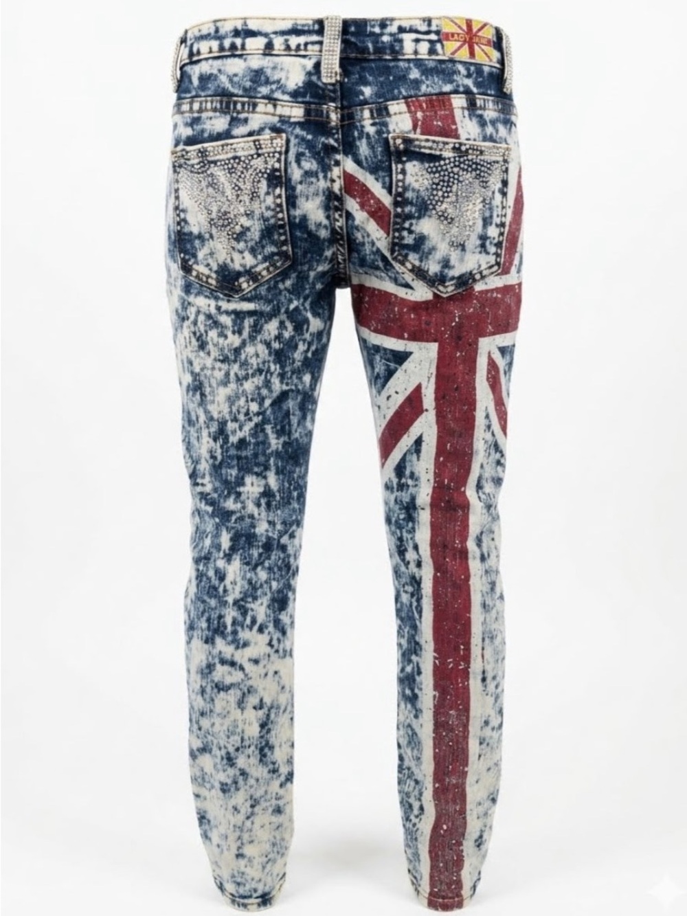Machine Y2K McBling Acid Wash Rhinestone Union Jack  Skinny Jeans